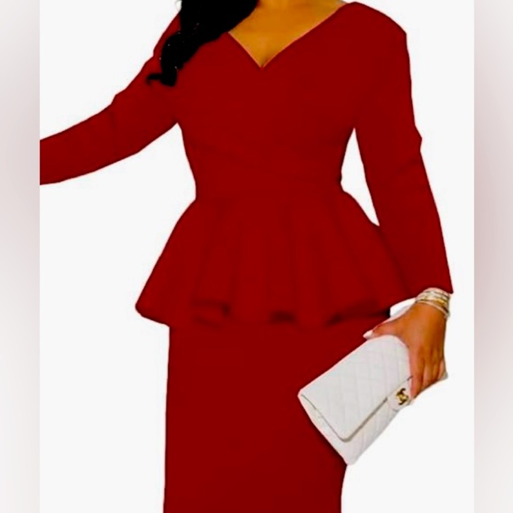 Red Women Ruffle Peplum Bodycon Pencil Dress with V Neck